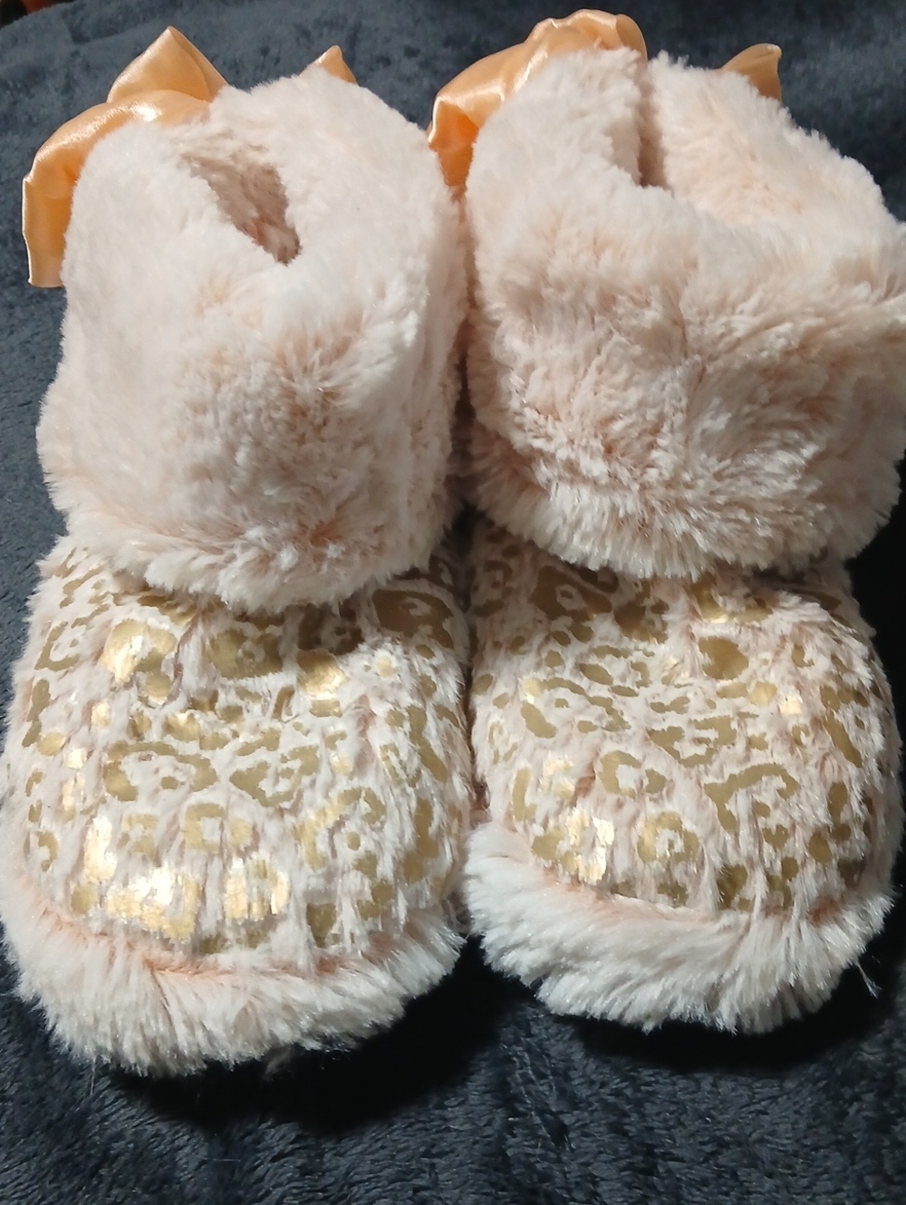 Plush Pale Pink Slipper Boots with Gold Leopard Accents
